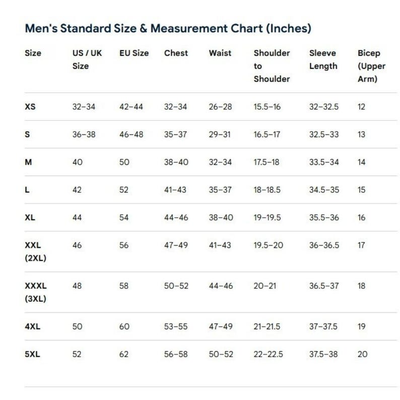 May include: A white chart titled "Men's Standard Size & Measurement Chart (Inches)" displays size information. It includes US/UK, EU sizes, chest, waist, shoulder to shoulder, sleeve length, and bicep measurements in inches for sizes XS to 5XL.