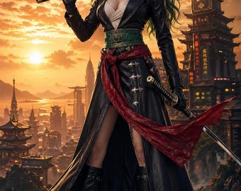 Green Iridescent Cosplay , Anime Genderbend Costume, Dark Academia Pirate , Futuristic Samurai Convention Look