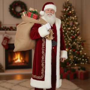 May include: Santa Claus in a red velvet suit with white faux fur trim, carrying a large burlap sack filled with wrapped gifts. He wears a matching hat and has a long white beard. A Christmas tree and fireplace are in the background.