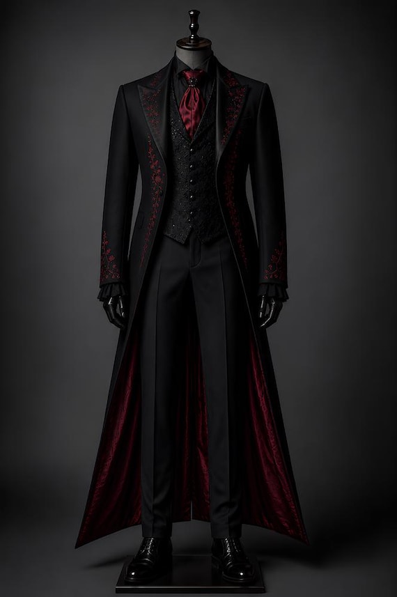 Gothic Vampire Coat, Dracula Style Victorian Goth Suit, Dark Aristocrat Jacket, Steampunk Wedding Longcoat, Masquerade Coat for Men Cosplay