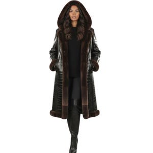May include: A long, black, hooded coat with a crocodile texture. The coat features brown fur trim on the hood, lapels, cuffs, and hem. The coat is buttoned up and worn by a person. The person is wearing black boots.