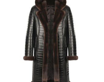 Crocodile Embossed Black Leather Jacket Exotic Look Crocodile Print Black Jacket Real Luxury Coat with Mink Fur Alligator Embossed Jacket