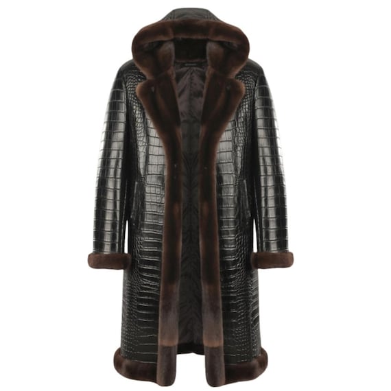 Crocodile Embossed Black Leather Jacket Exotic Look Crocodile Print Black Jacket Real Luxury Coat with Mink Fur Alligator Embossed Jacket