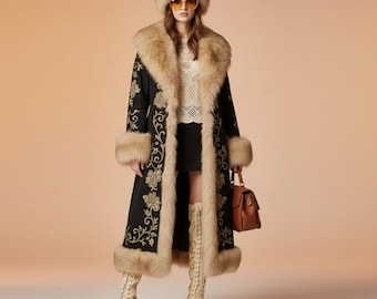 Damski płaszcz zamszowy z haftem i wykończeniem ze sztucznego futra w stylu vintage Penny Lane, zimowa kurtka