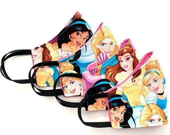 Disney princesses Cinderella, Belle, Rapunzel and Jasmine design handmade facemask  double layer, kids, reusable, washable, free shipping