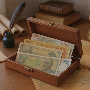 Peut inclure: Un coffret en bois ouvert, rempli de billets de banque zimbabwéens de différentes valeurs. Le coffret est en bois foncé et possède une charnière. Un encrier et une plume sont visibles en arrière-plan.