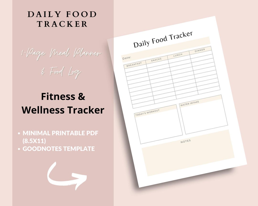 Daily Food Tracker Printable | Meal Planner, Fitness Log (8.5x11 PDF ...