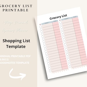 May include: A printable grocery list template with the text "Grocery List Printable" and "Shopping List Template". The list has pink and white columns for products and prices, with check boxes. The template is 8.5x11 inches.