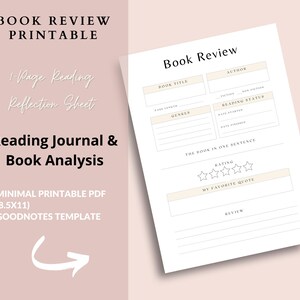 May include: A printable book review sheet with a minimalist design. The sheet includes sections for book title, author, genre, reading status, and a space for a one-sentence summary. The text "Book Review Printable" is at the top.