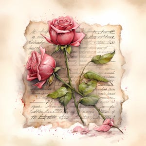 8 Aquarell Rose Liebe Brief Hintergründe | Romantisches Vintages Digitales Papier | PNG für Scrapbooking, Junk Journal, Collage, Kartenherstellung