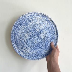 Op de afbeelding: Een rond keramieken bord met een witte basis en een dicht blauw spikkelpatroon over het gehele oppervlak. Het bord heeft een licht opstaande rand en een glad, plat midden, met een consistent spetterontwerp over het hele stuk.