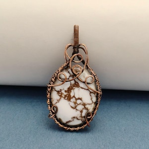 Handmade Copper Wire Wrapped White Hourse Pendant | Teardrop Gemstone Necklace | Boho Natural Stone Jewelry | Unique Artisan Gift
