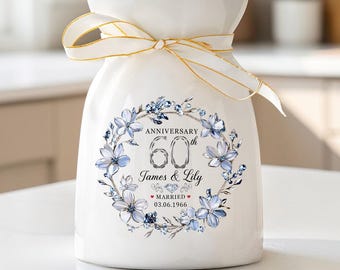 Vase à fleurs en céramique personnalisé 60e anniversaire de mariage diamant, cadeau pour couple, cadeau d'anniversaire de mariage pour parents, souvenir 60 ans de mariage