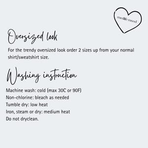 May include: A light gray graphic with the text "Oversized look" and "Washing instruction". The washing instructions include machine wash cold, non-chlorine bleach, tumble dry low, and iron medium heat. A heart with "medlife mood" is in the upper right.