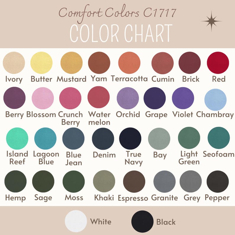 May include: A color chart displaying a range of Comfort Colors C1717 hues. The chart includes colors like Ivory, Butter, Mustard, and Red, along with shades of blue, green, and neutral tones. The text "COLOR CHART" is at the top.