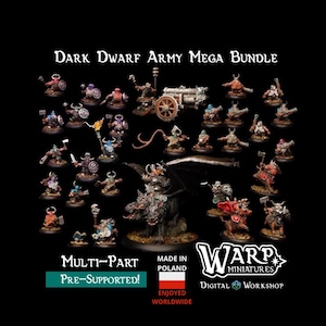 May include: A selection of Dark Dwarf miniature figures, featuring warriors, a cannon, and a multi-headed beast. The figures are painted in diverse colours and poses, with the text "Dark Dwarf Army Mega Bundle" displayed at the top.
