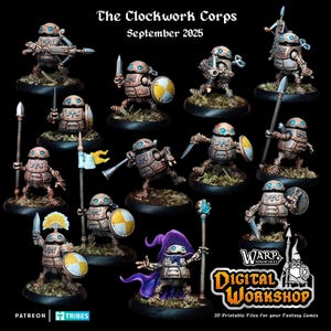 Może przedstawiać: Obrazek miniaturowych figurek Clockwork Corps, w tematyce fantasy. Figurki są głównie brązowe z niebieskimi akcentami, niektóre trzymają broń lub tarcze. Tekst "The Clockwork Corps September 2025" jest widoczny na górze.