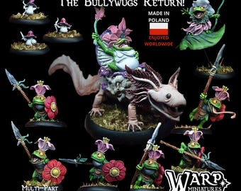 May include: A promotional image for Warp Miniatures featuring miniature Bullywugs. The image showcases several Bullywug figures, including those riding a large axolotl-like creature. The figures are green with flower-like headwear and shields. Text includes "The Bullywugs Return!" and "Made in Poland."
