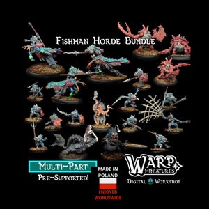 Può includere: Una collezione di miniature Fishman Horde multi-parte e pre-supportate. Le figure sono dipinte in vari colori, tra cui blu, rosso e verde. L'immagine include il testo "Fishman Horde Bundle" e "Warp Miniatures Digital Workshop."