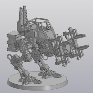 Pode incluir: Um modelo de caminhante mecânico cinza com um design detalhado. Possui um cockpit, várias pernas articuladas e um grande acessório de arma. O modelo inclui tubos de escape e vários componentes mecânicos, todos montados em uma base circular.