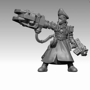 May include: A grey miniature figure of a military officer, wearing a long coat, cap, and gas mask. The figure is holding a large weapon in one hand and a smaller gun in the other. The figure has a skull emblem on the chest.