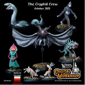 May include: A selection of fantasy miniatures, featuring a sea serpent, a winged creature, and a Bigfoot-esque model. The figures are painted in diverse colours and are mounted on small bases. The text "The Cryptid Crew October 2025" is displayed.