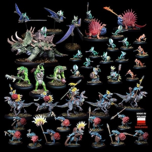 May include: A collection of hand-painted miniature fantasy figures, including dinosaurs, lizard-like creatures, and riders. The figures are in various poses and colours, with detailed features and bases. Some figures are mounted on dinosaurs or flying creatures.