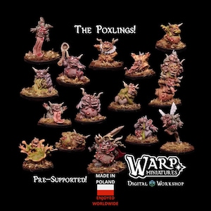 May include: A collection of miniature fantasy figures, the Poxlings, in various poses and colors, set on textured bases. The figures are painted with detail, showcasing grotesque features. The image includes text that says "The Poxlings!", "Pre-Supported!", "Made in Poland", and "Enjoyed Worldwide".