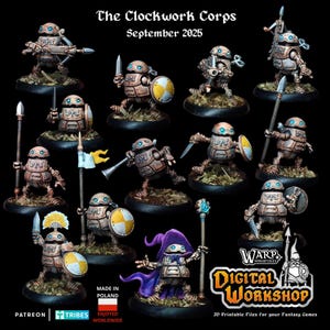 May include: Miniature clockwork figures in various poses, armed with weapons and shields. The figures are painted in brown and bronze tones, with yellow and blue details. The text "The Clockwork Corps September 2025" is visible at the top.