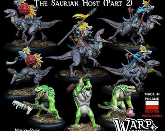 May include: Miniature figures of The Saurian Host (Part 2) are displayed. The figures include dinosaur-like creatures ridden by warriors, and green humanoid figures. The text "JUNE 2025" and "WARP MINIATURES" are visible.