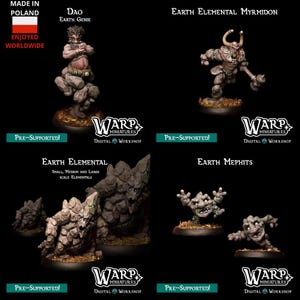 May include: A selection of fantasy miniature figures, including a Dao Earth Genie, Earth Elemental Myrmidon, Earth Elemental, and Earth Mephits. Each figure is pre-supported and highly detailed. The Warp Miniatures logo is displayed.