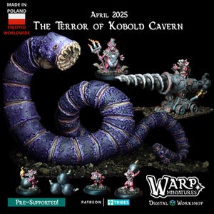 Puede incluir: Imagen promocional de las figuras en miniatura "The Terror of Kobold Cavern". La imagen presenta una gran criatura morada con forma de gusano, figuras de duendes y un cañón de perforación mecánico. El texto incluye "Made in Poland" y "April 2025".