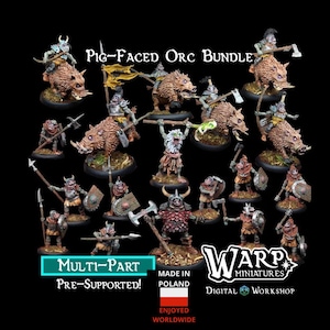 Op de afbeelding: Een verzameling miniatuurfiguren, waaronder varkensgezichtige orks die op zwijnen rijden en wapens dragen. De figuren staan in verschillende poses en zijn voorgeprogrammeerd. De tekst "Pig-Faced Orc Bundle" wordt bovenaan weergegeven.