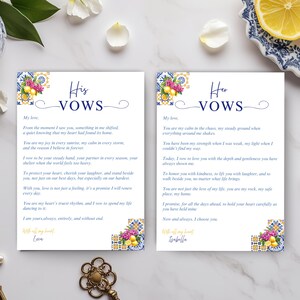 Modelo de votos para ele e para ela em limão amalfi mediterrâneo, azulejos azuis italianos, cartões de votos de casamento, conjunto Canva para impressão, download instantâneo – MALW
