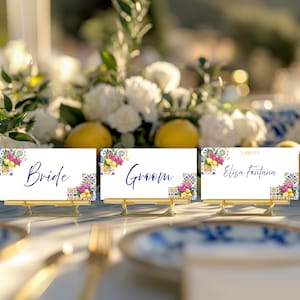 Mediterranean Amalfi Lemon Flat Place Card Template, Italian Blue Tiles, Editable Table Name Card, Food Label, Wedding Printable – MALW