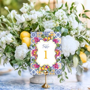 Modèle de numéro de table Citron d&#39;Amalfi méditerranéen, carreaux bleus italiens, panneau de table de mariage, toile modifiable, Positano, téléchargement immédiat – MALW