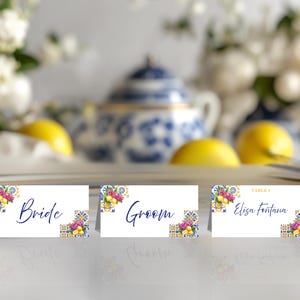 Mediterranean Amalfi Lemon Folded Place Card Template, Italian Blue Tiles, Editable Table Name Card, Food Label, Wedding Printable – MALW
