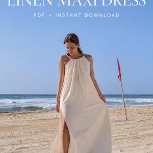 Puede incluir: Un patrón de costura para vestido largo de lino beige con cuello halter alto, tela fruncida en el escote, falda hasta el suelo y una abertura lateral alta. El texto SEWING PATTERN LINEN MAXI DRESS PDF INSTANT DOWNLOAD es visible.