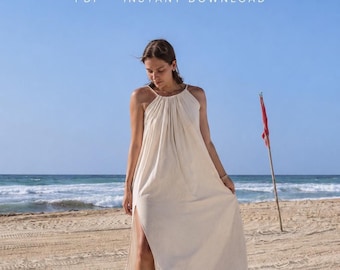 Linen Maxi Dress Sewing Pattern | Open Back Beach Boho Style (PDF Download)
