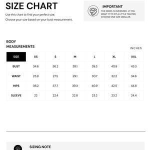 Peut inclure: Un tableau des tailles en noir et blanc pour une robe avec l'en-t&ecirc;te SEWING INSTRUCTIONS et MARIA PAOLO ARCHIVES. Il indique les mesures corporelles en pouces pour les tailles XS &agrave; XXL, incluant buste, taille, hanches et manches.