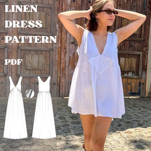 Peut inclure: Une robe sans manches en lin blanc avec un d&eacute;collet&eacute; en V et un panneau en dentelle ajour&eacute;e en forme de losange sur la poitrine. L'image contient le texte LINEN DRESS PATTERN PDF et xs - xxl, ainsi qu'un dessin technique de la robe.