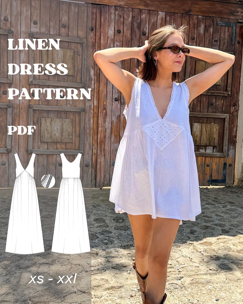 Peut inclure: Une robe sans manches en lin blanc avec un d&eacute;collet&eacute; en V et un panneau en dentelle ajour&eacute;e en forme de losange sur la poitrine. L'image contient le texte LINEN DRESS PATTERN PDF et xs - xxl, ainsi qu'un dessin technique de la robe.