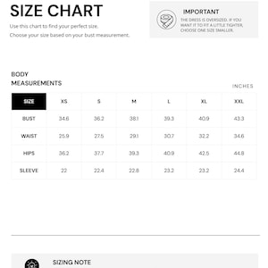 May include: A black and white size chart for a dress with the heading SEWING INSTRUCTIONS and MARIA PAOLO ARCHIVES. It lists body measurements in inches for sizes XS to XXL, including bust, waist, hips, and sleeve lengths, with an important note.