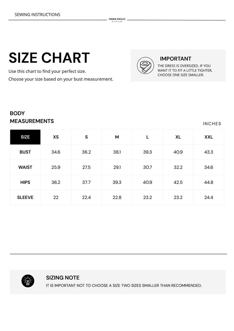 May include: A black and white size chart for a dress with the heading SEWING INSTRUCTIONS and MARIA PAOLO ARCHIVES. It lists body measurements in inches for sizes XS to XXL, including bust, waist, hips, and sleeve lengths, with an important note.
