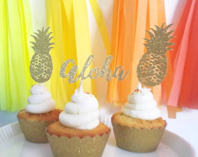 Pineapple cupcak topper,aloha cupcake topper,pineapple decorations,Tropical decorations,Luau party decor,luau cupcake topper, aloha decor