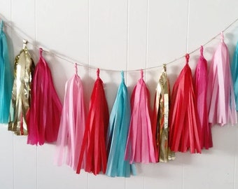 Tassel garland,Pink tassel garland,Pink and red garland,Teal garland,Candy party,Birthday party garland garland, Tissue paper garland,