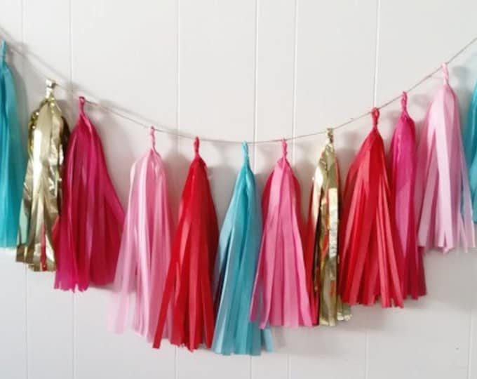 Tassel garland,Pink tassel garland,Pink and red garland,Teal garland,Candy party,Birthday party garland garland, Tissue paper garland,