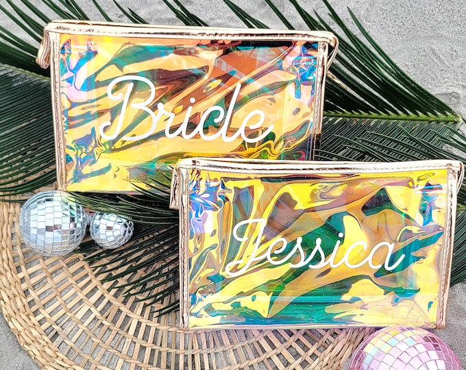 Holographic make up bag, Holographic personalized Mahe make up bag,personalized Bachelorette favor,iridescent make up bag,bachelorette party