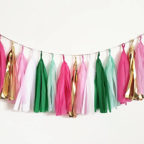 Tassel Garland,Tissue paper tassel Garland.Pink and green tassel garland,Tropical Garland, Tropical decorations,custom tassel Garland