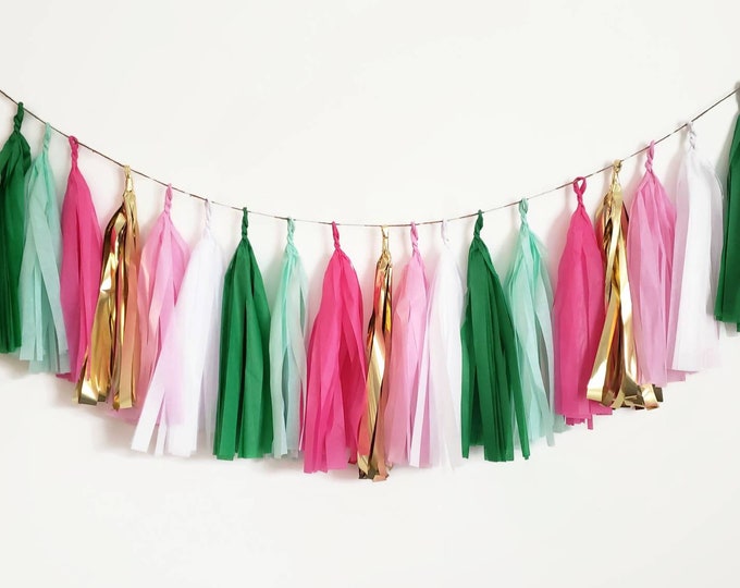 Tassel Garland,Tissue paper tassel Garland.Pink and green tassel garland,Tropical Garland, Tropical decorations,custom tassel Garland